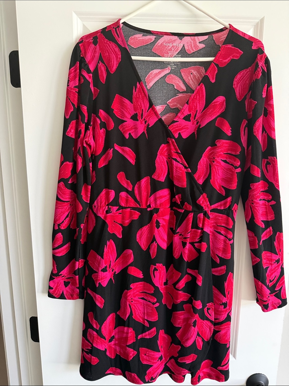 Nine West Black Dress with Bright Pink Floral Print, Long Sleeve Wrap